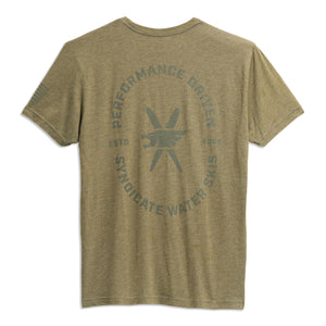 Back view of Syndicate Performance T-Shirt in olive green with large circular logo and text design.