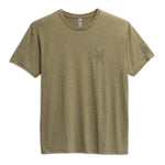 Front view of Syndicate Performance T-Shirt in olive green with small logo on chest and text on sleeve.