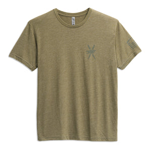 Front view of Syndicate Performance T-Shirt in olive green with small logo on chest and text on sleeve.