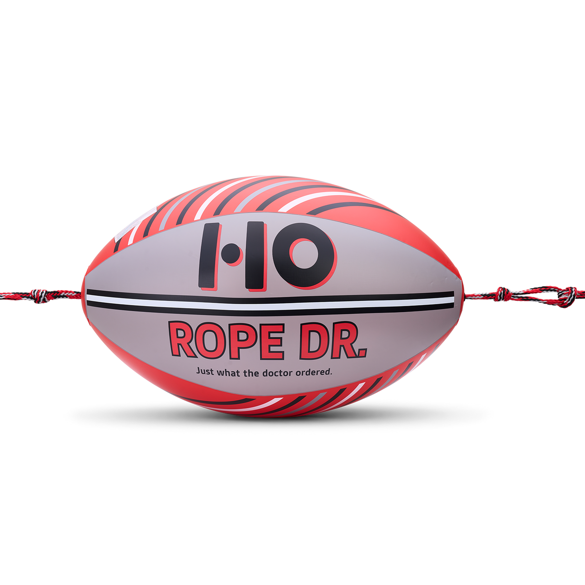 Front view of Rope Doctor tube towing device showing attached red and black ropes.