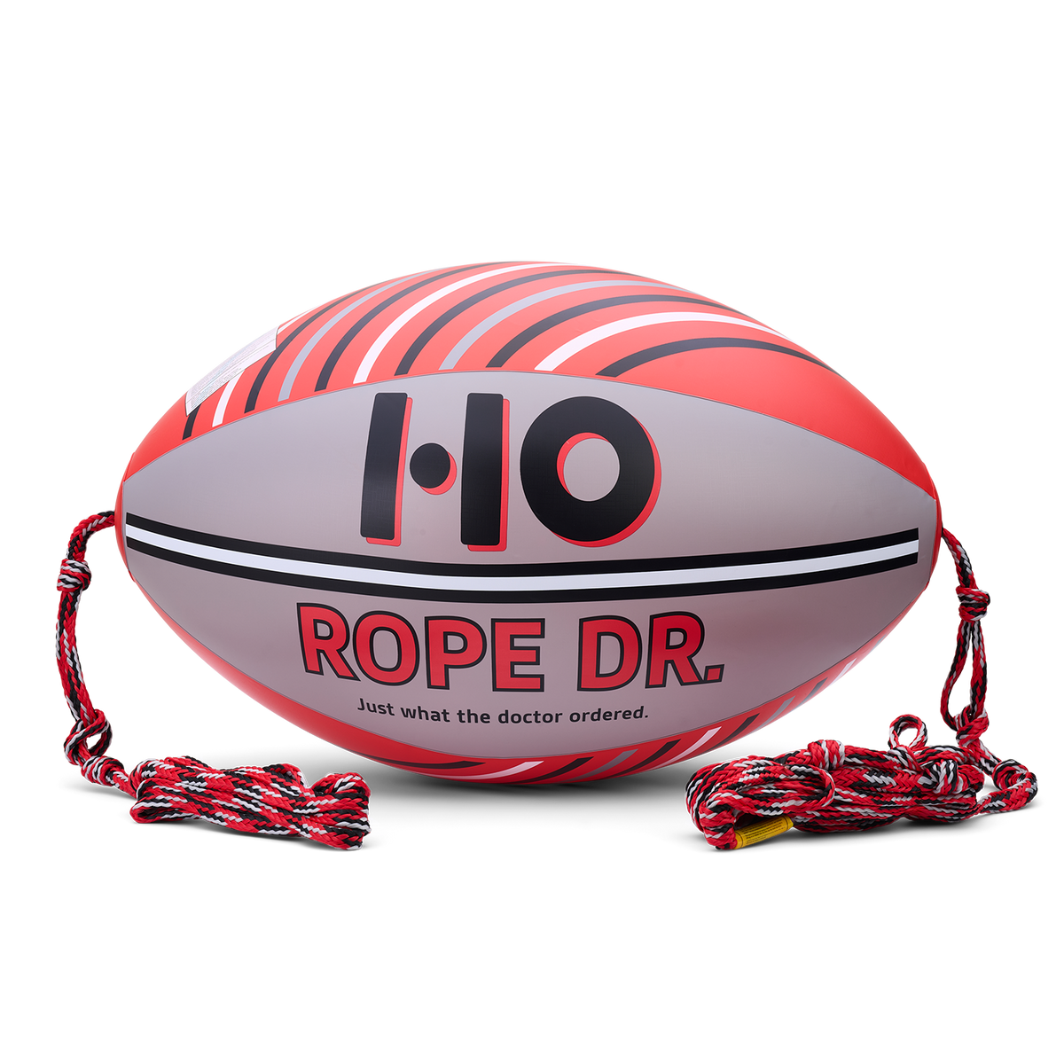 Front view of Rope Doctor tube towing device with red, gray, and black design.