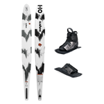 Top and base view of Sabre ski with black and white pattern, shown with ATOP boot and rear toe plate.