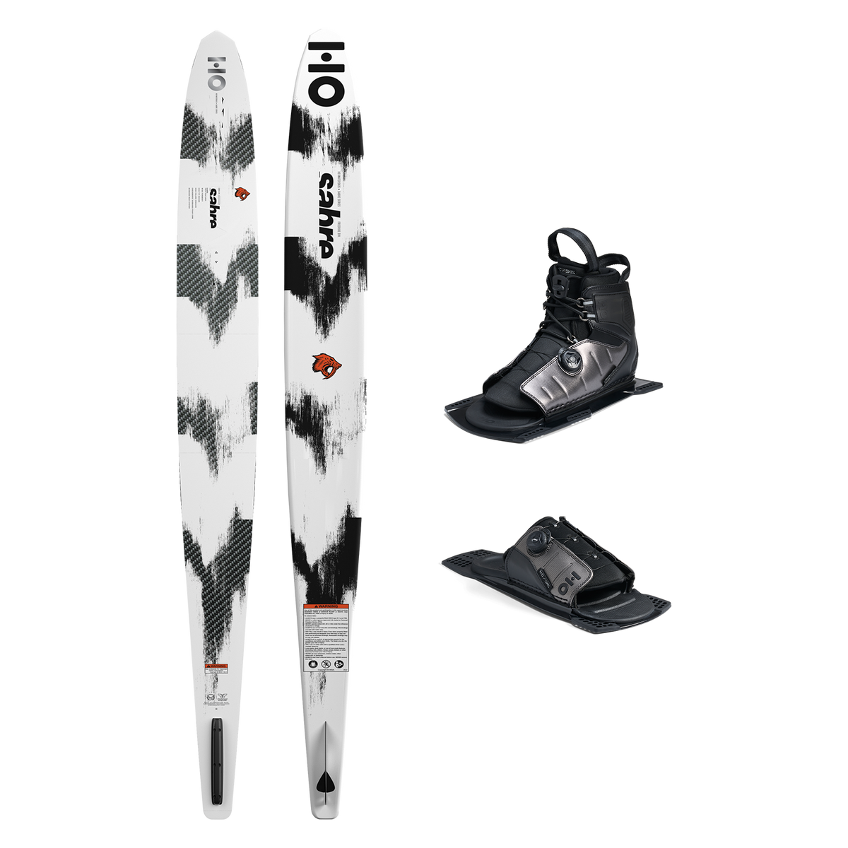 Top and base view of Sabre ski with black and white pattern, shown with ATOP boot and rear toe plate.