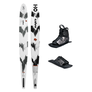 Top and base view of Sabre ski with black and white pattern, shown with ATOP boot and rear toe plate.