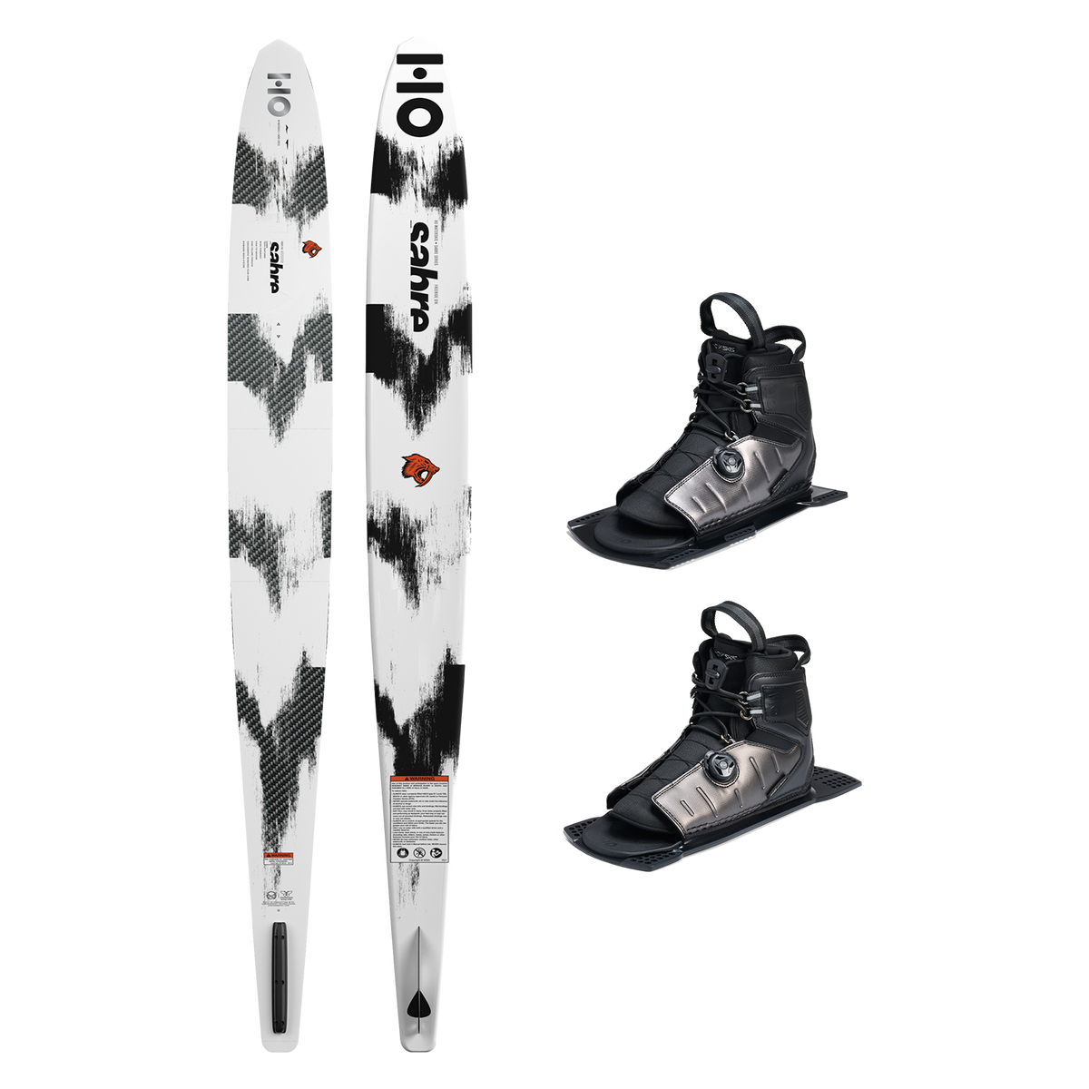Top and base view of Sabre ski with black and white pattern, shown with two black ATOP boots.