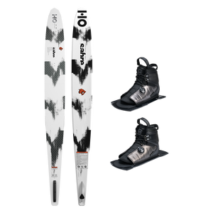 Top and base view of Sabre ski with black and white pattern, shown with two black ATOP boots.