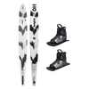Top and base view of Sabre ski with black and white pattern, shown with two black ATOP boots.
