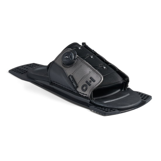 Angled view of Stance ATOP Adjustable Rear Toe Plate in black and gray with lace system.