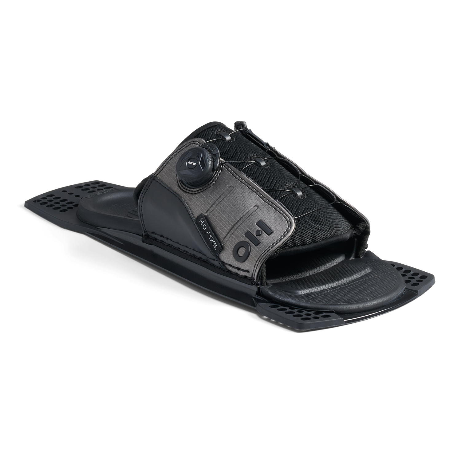 Angled view of Stance ATOP Adjustable Rear Toe Plate in black and gray with lace system.