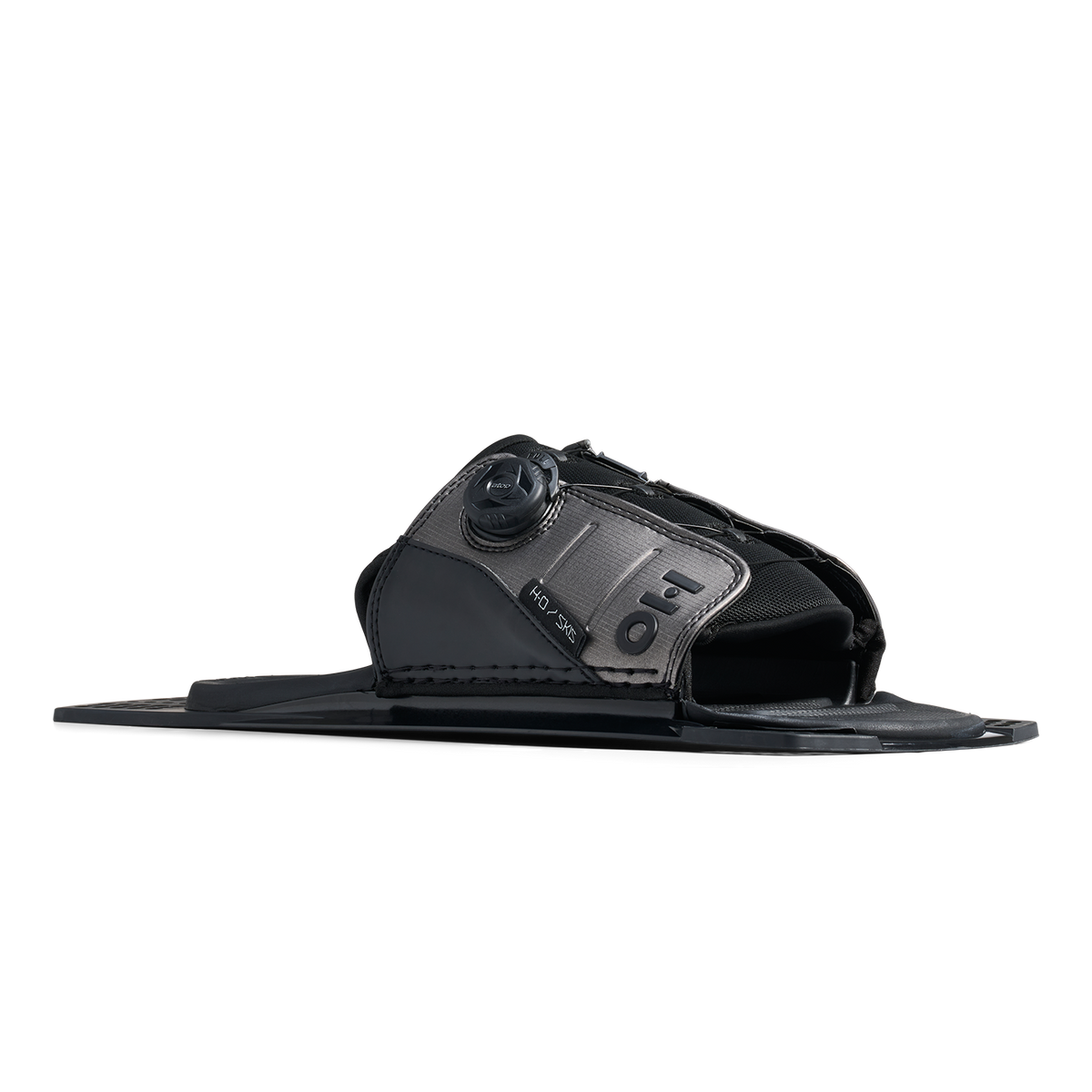 Side view of Stance ATOP Adjustable Rear Toe Plate in black and gray with open toe design.