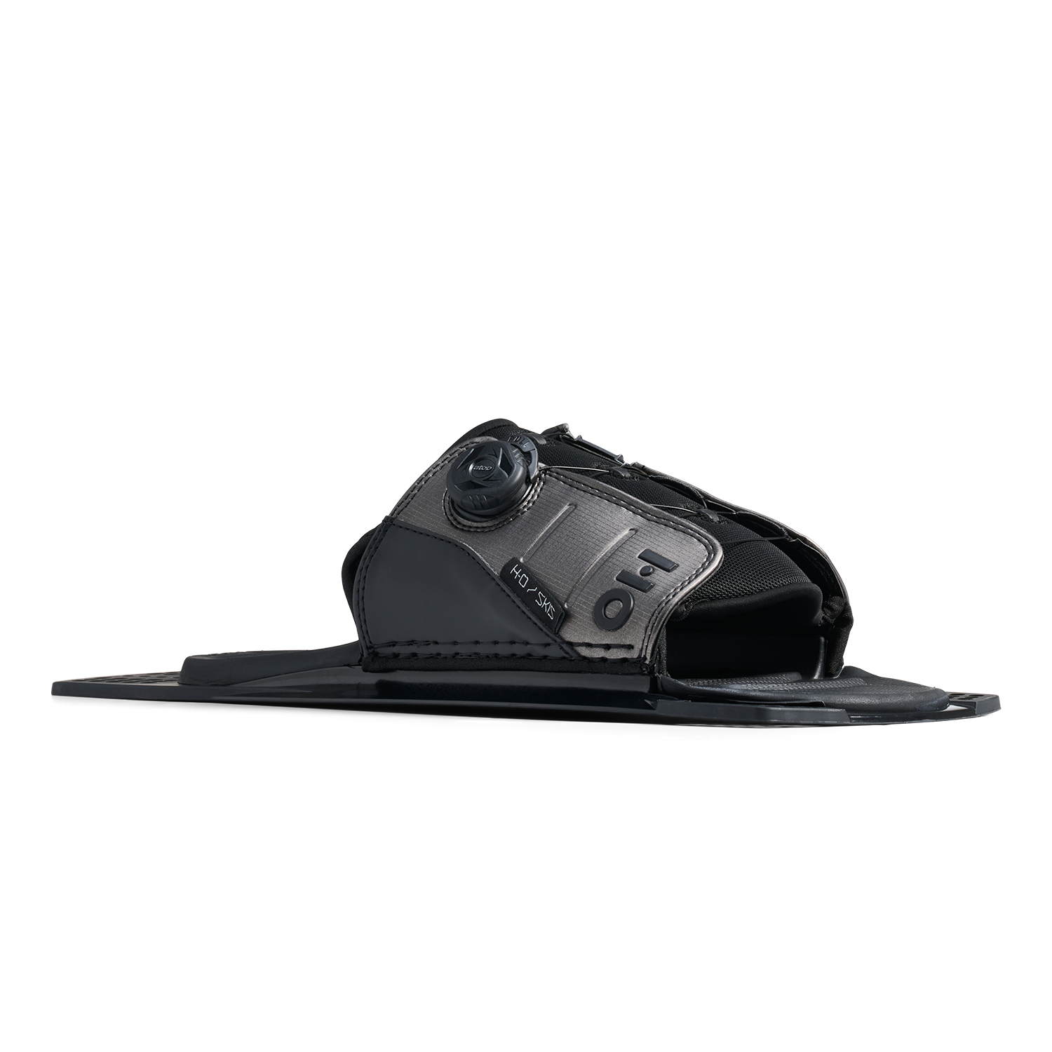 Side view of Stance ATOP Adjustable Rear Toe Plate in black and gray with open toe design.