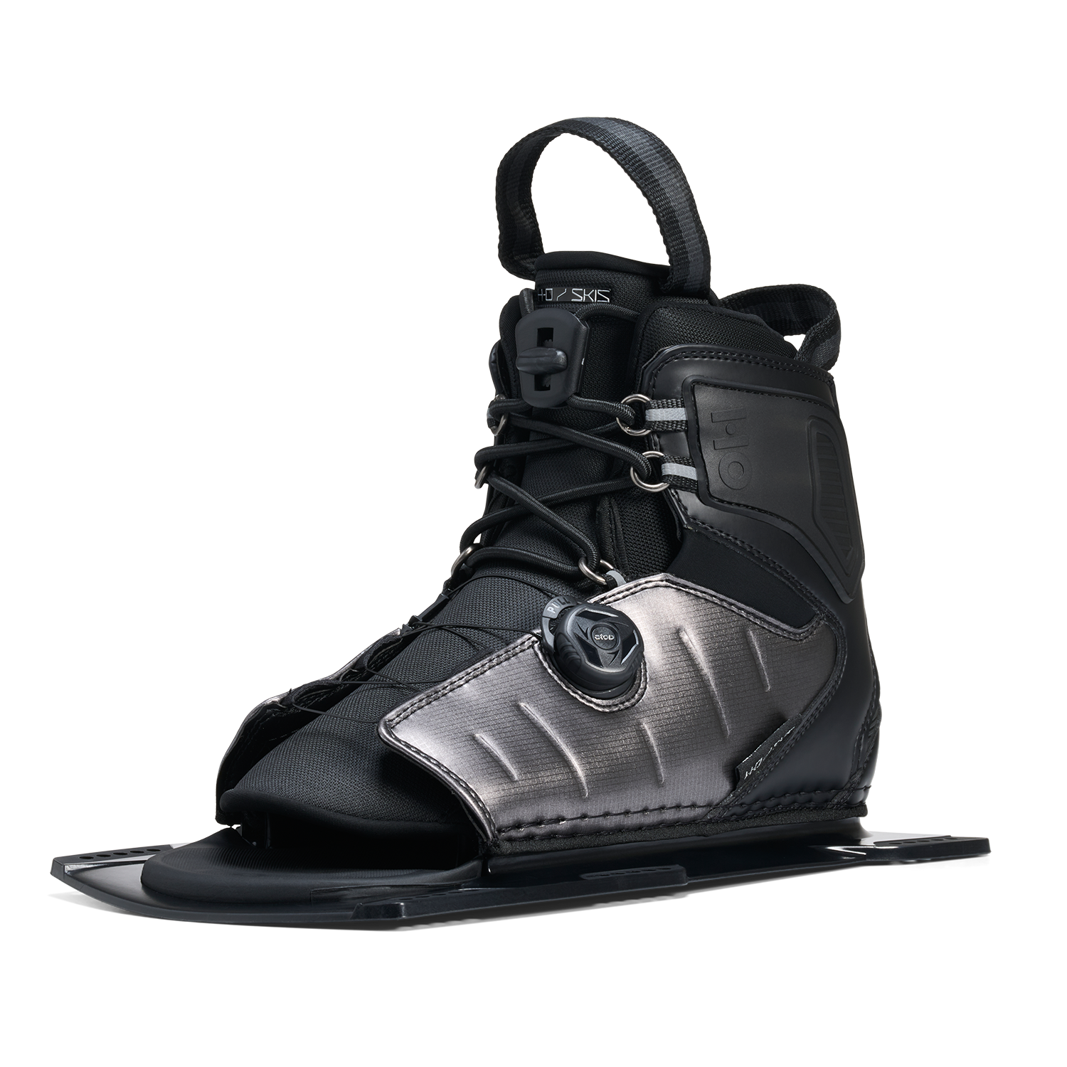 Angled view of Stance ATOP Front Boot in black and gray showing reinforced panels and padded fit.