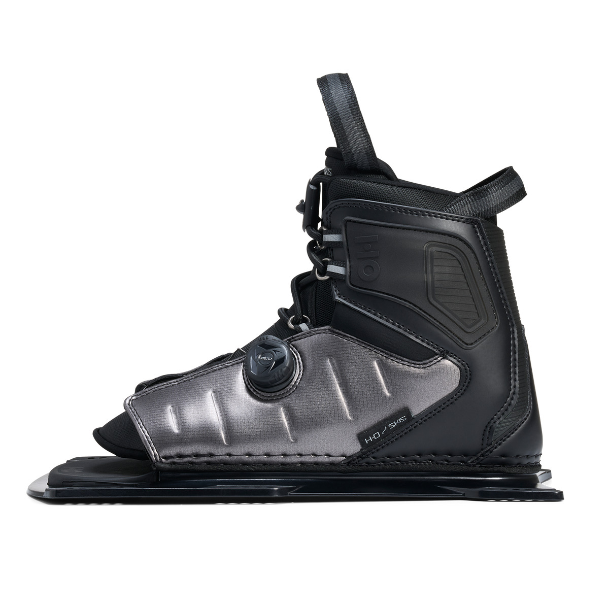 Opposite side view of Stance ATOP Front Boot in black and gray with structured base plate.