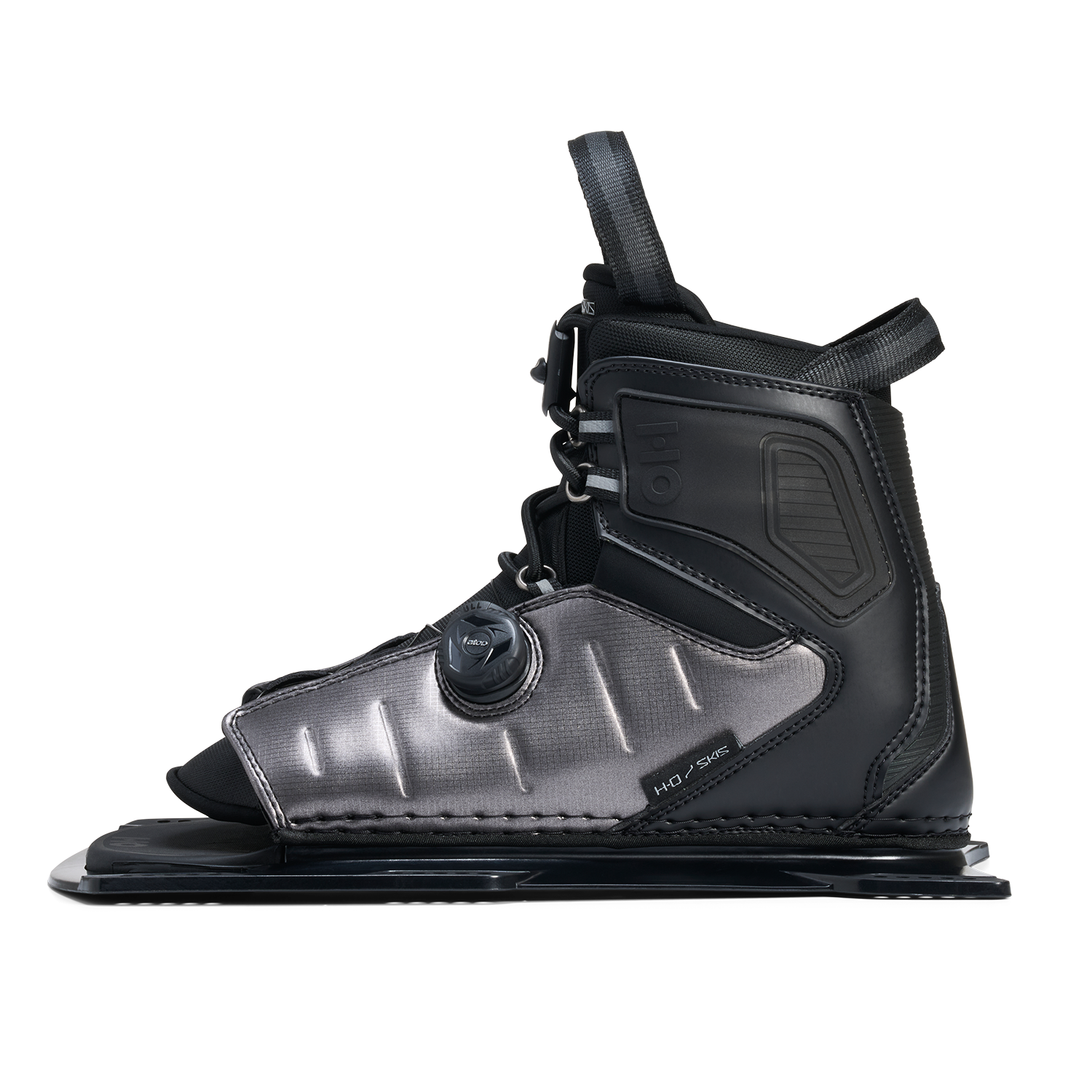 Opposite side view of Stance ATOP Front Boot in black and gray with structured base plate.