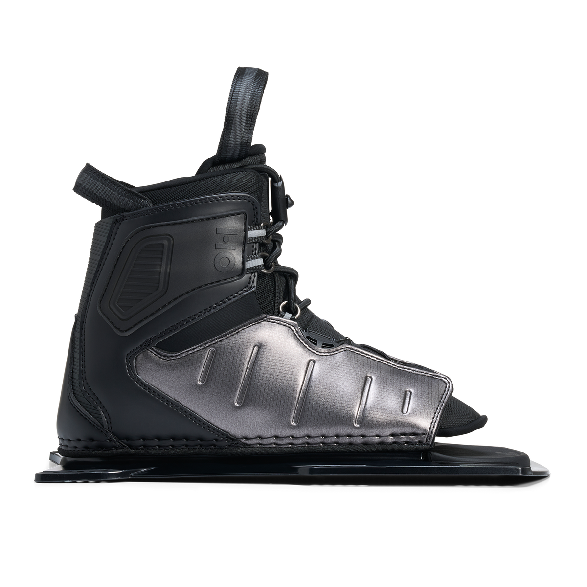 Side view of Stance ATOP Front Boot in black and gray with ATOP dial and open toe design.
