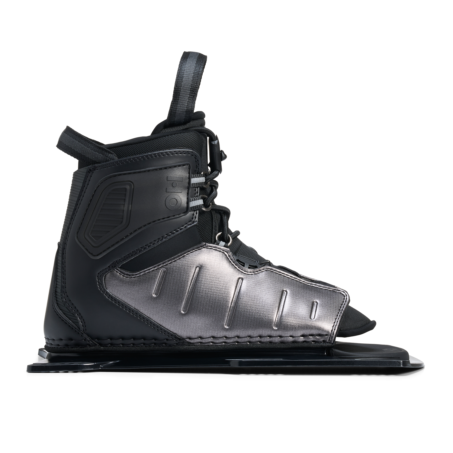 Side view of Stance ATOP Front Boot in black and gray with ATOP dial and open toe design.