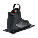 Rear angled view of Stance ATOP Front Boot in black and gray with pull loop and size label inside.