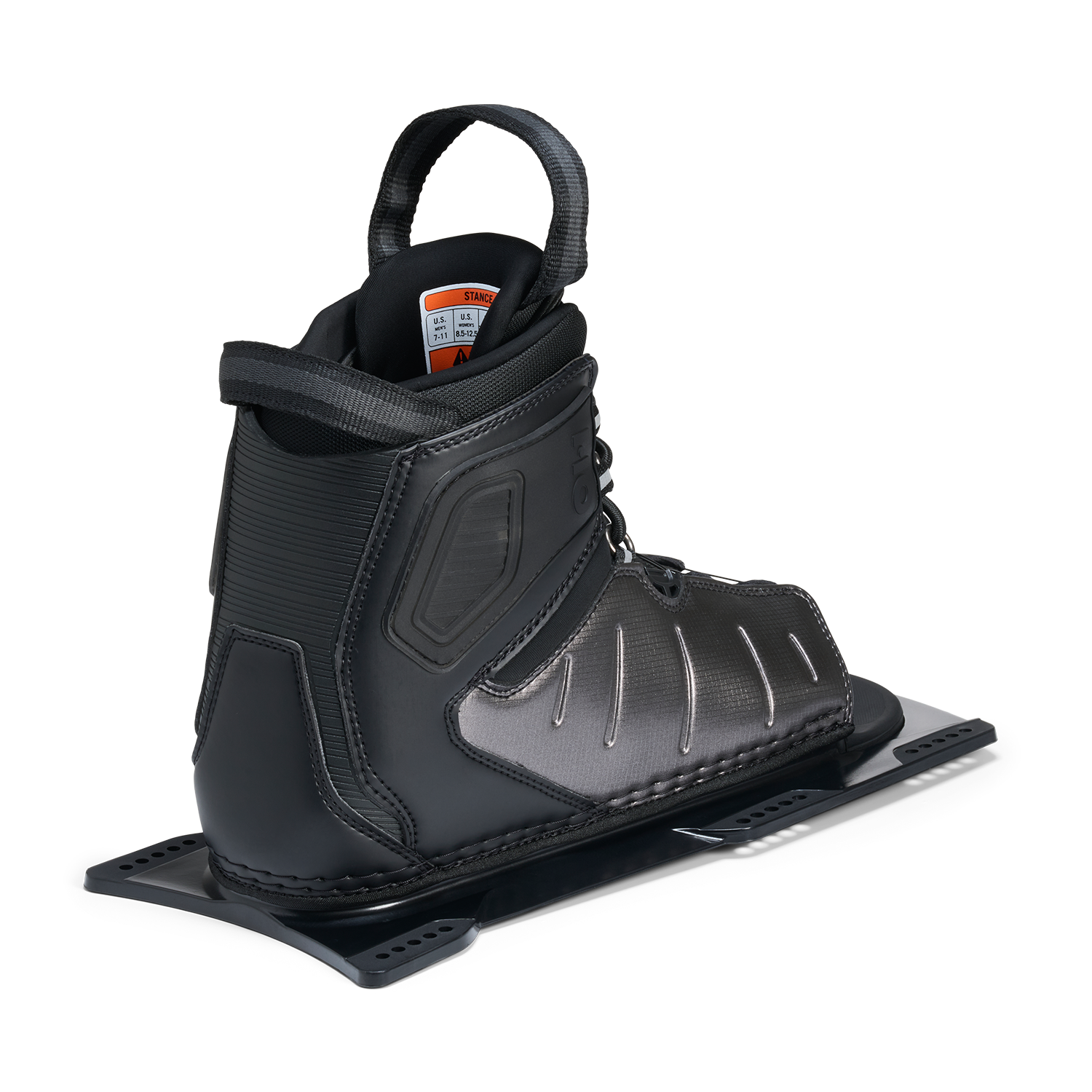 Rear angled view of Stance ATOP Front Boot in black and gray with pull loop and size label inside.