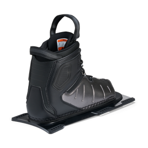Rear angled view of Stance ATOP Front Boot in black and gray with pull loop and size label inside.