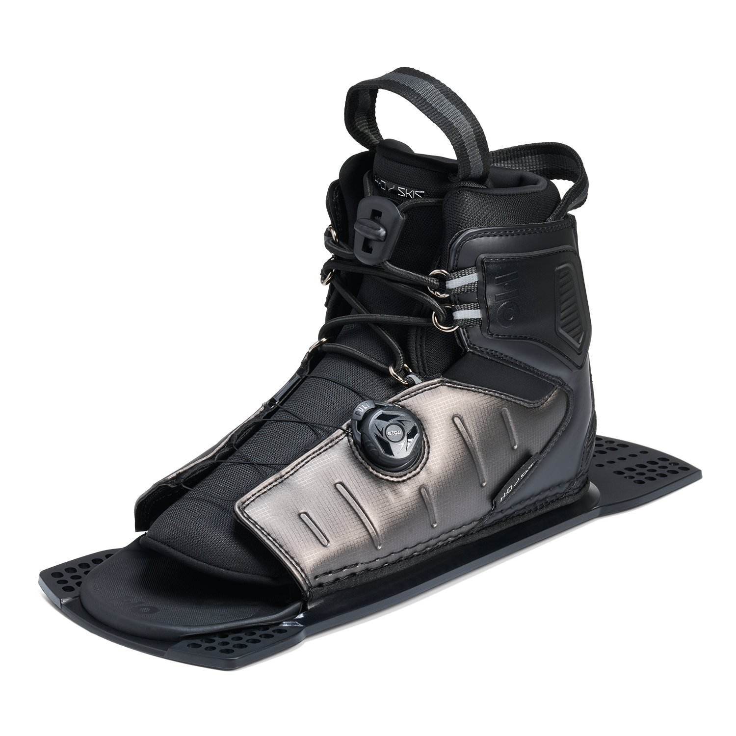 Angled view of Stance ATOP Front Boot in black and gray with lace system and ATOP dial closure.