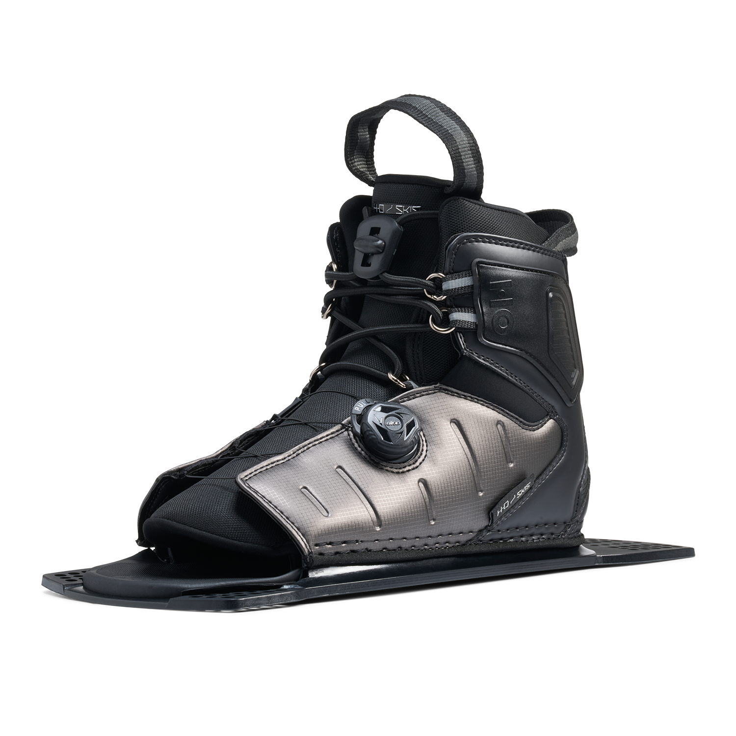 Angled view of Stance ATOP Rear Boot in black and gray with ATOP dial and reinforced side panel.