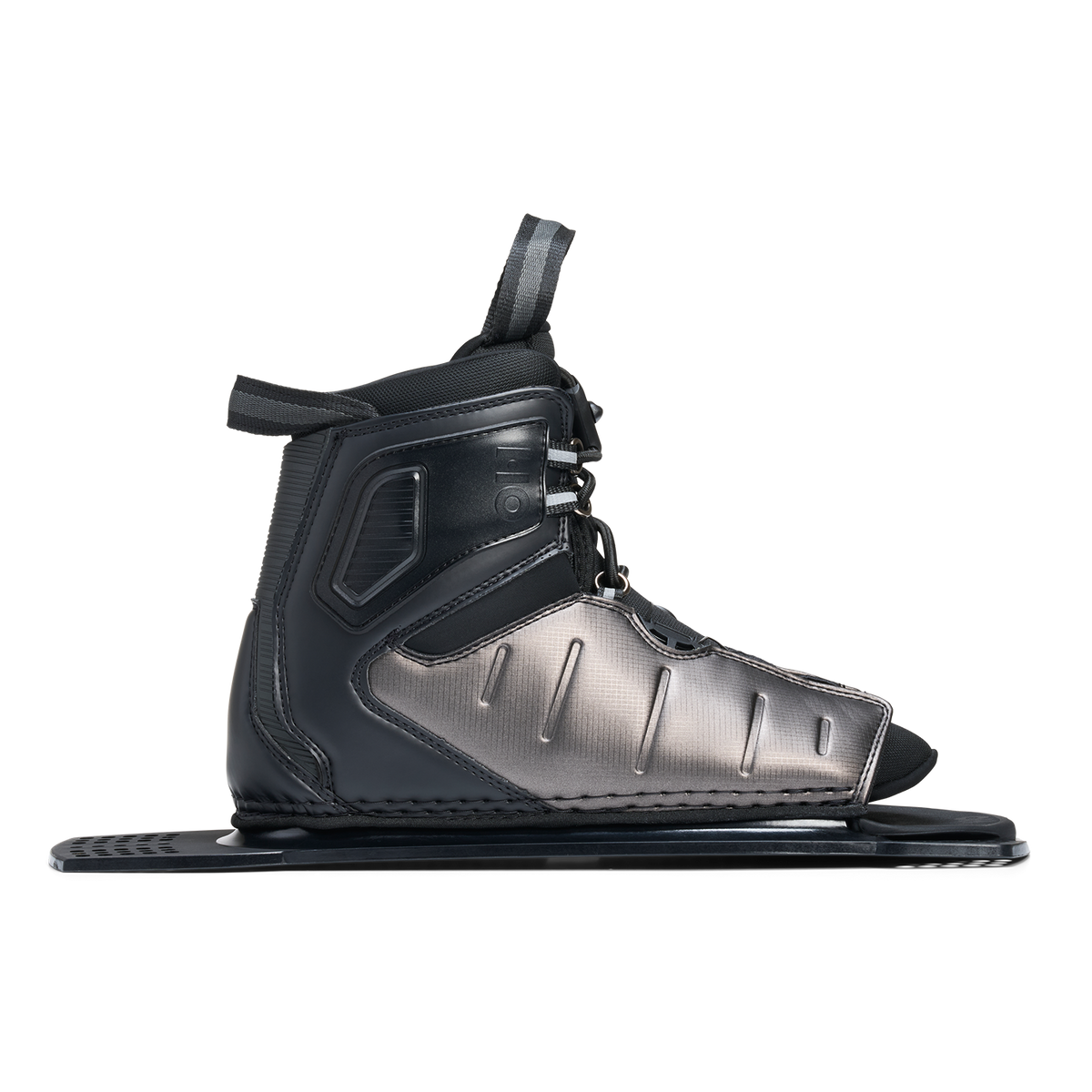 Opposite side view of Stance ATOP Rear Boot in black and gray with logo detail and open toe.