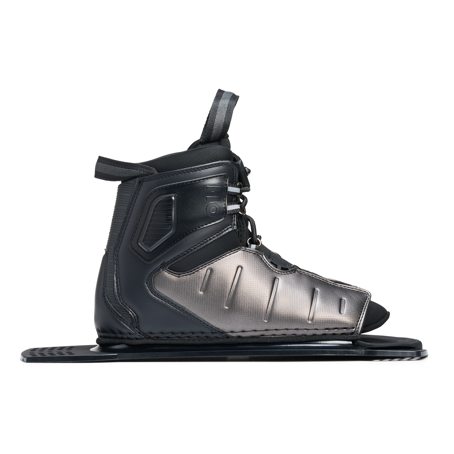 Opposite side view of Stance ATOP Rear Boot in black and gray with logo detail and open toe.