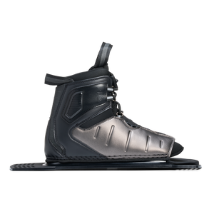 Opposite side view of Stance ATOP Rear Boot in black and gray with logo detail and open toe.