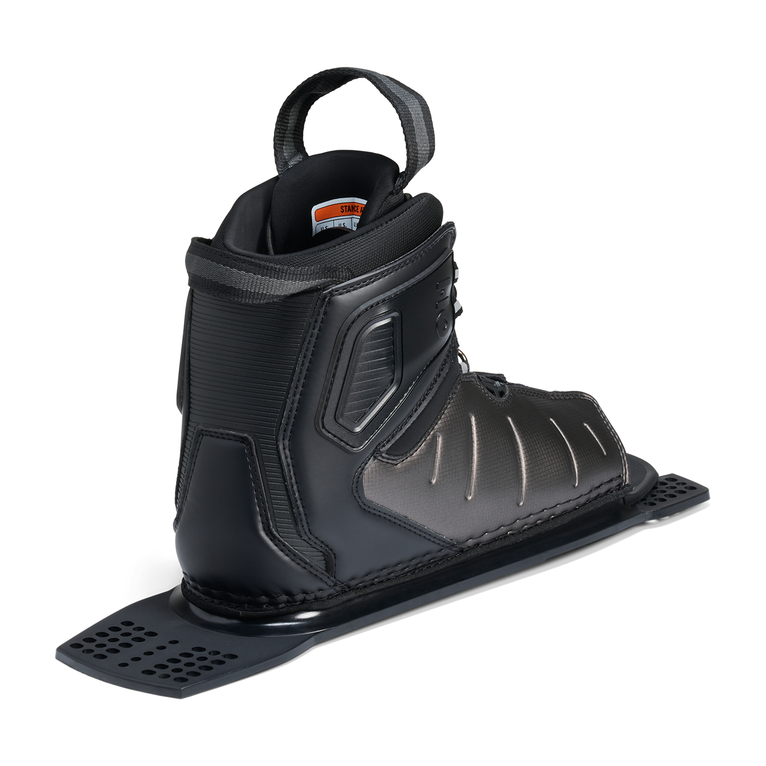 Rear angled view of Stance ATOP Rear Boot in black and gray with pull loop and size label inside.