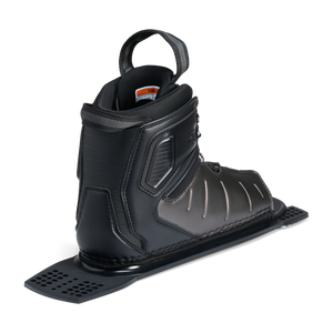 Rear angled view of Stance ATOP Rear Boot in black and gray with pull loop and size label inside.