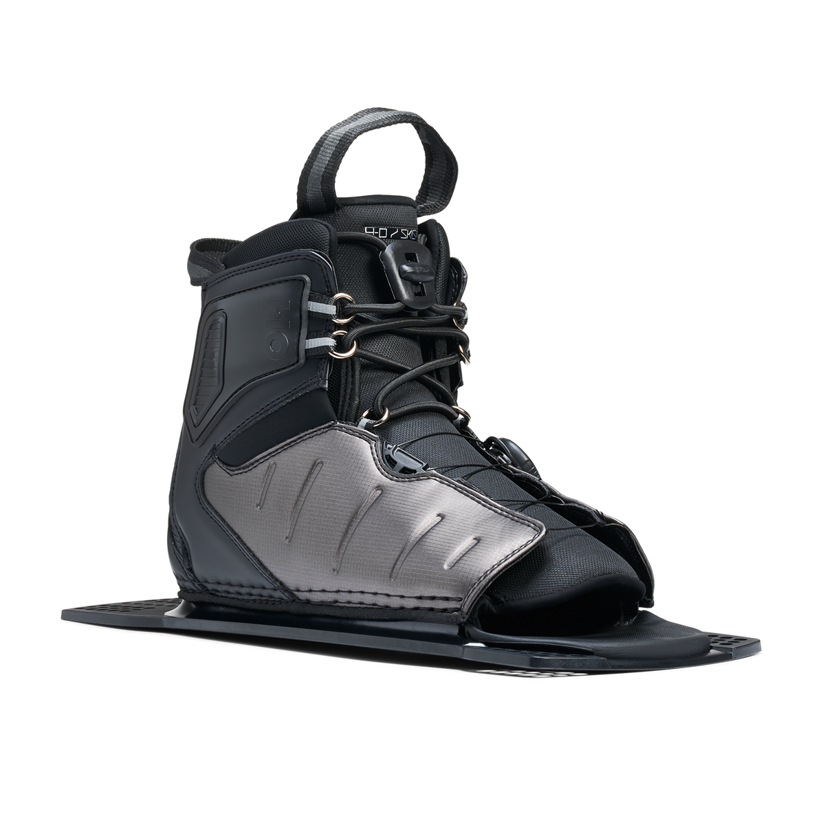 Angled view of Stance ATOP Rear Boot in black and gray with lace system and padded ankle support.