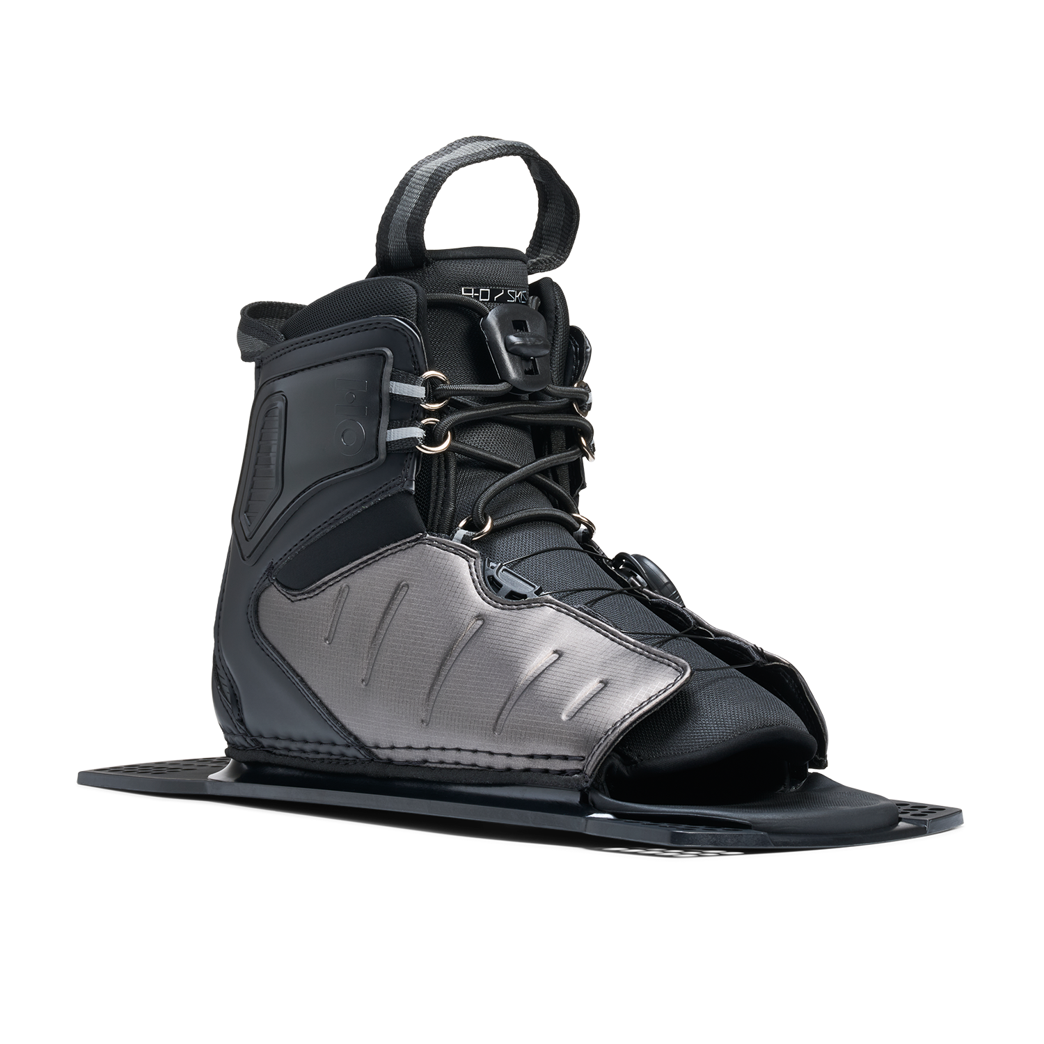 Angled view of Stance ATOP Rear Boot in black and gray with lace system and padded ankle support.