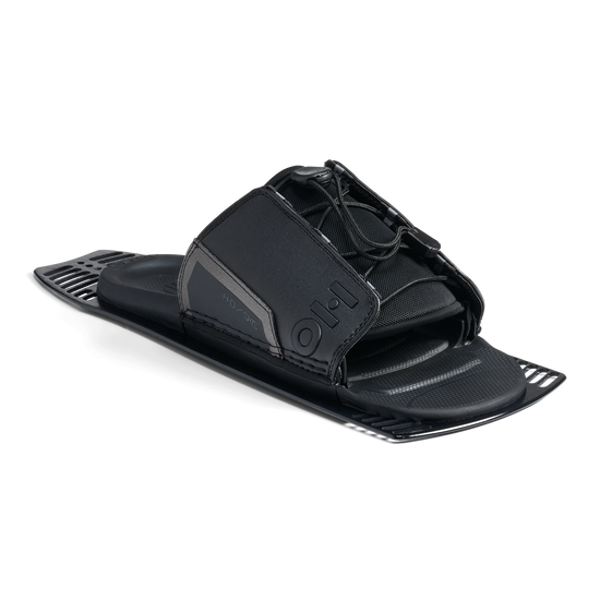 Angled view of Stance Aluminum Adjustable Rear Toe Plate in black with lace system and open design.