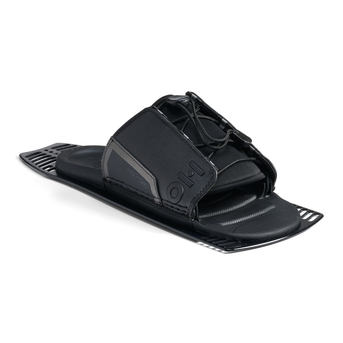 Angled view of Stance Aluminum Adjustable Rear Toe Plate in black with lace system and open design.