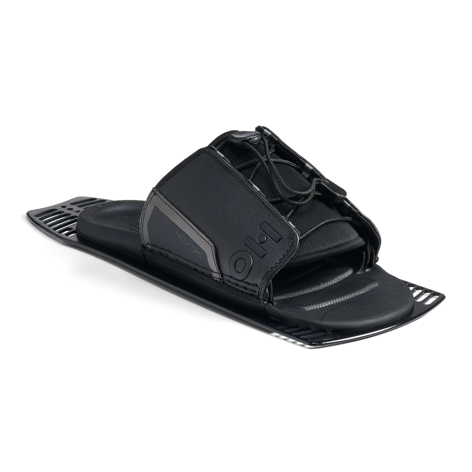 Angled view of Stance Aluminum Adjustable Rear Toe Plate in black with lace system and open design.