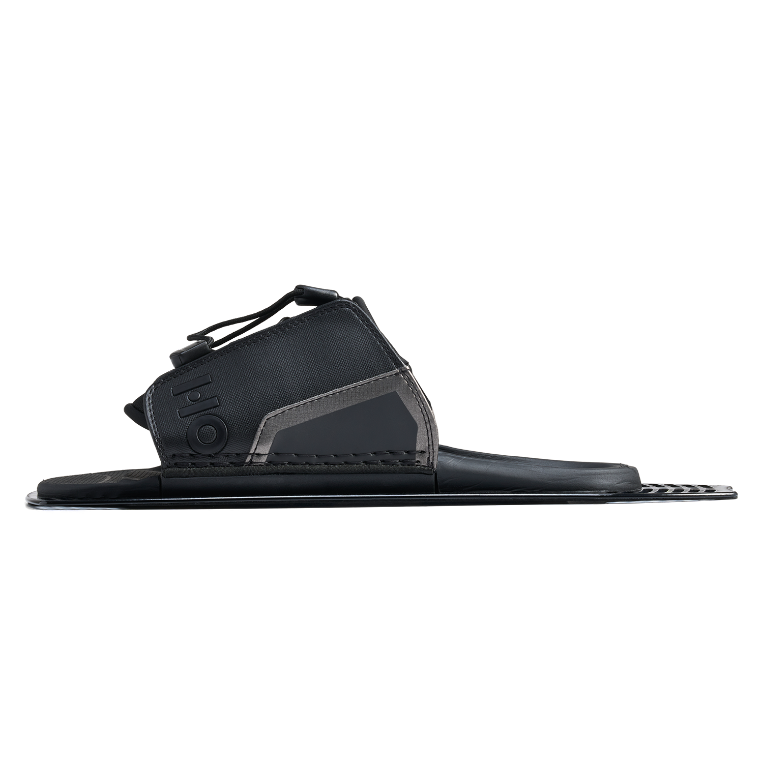 Side view of Stance Aluminum Adjustable Rear Toe Plate in black with logo detail and open toe.