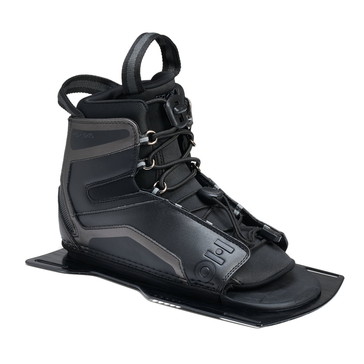 Angled view of Stance Aluminum Front Boot in black with lace system and reinforced side panels.