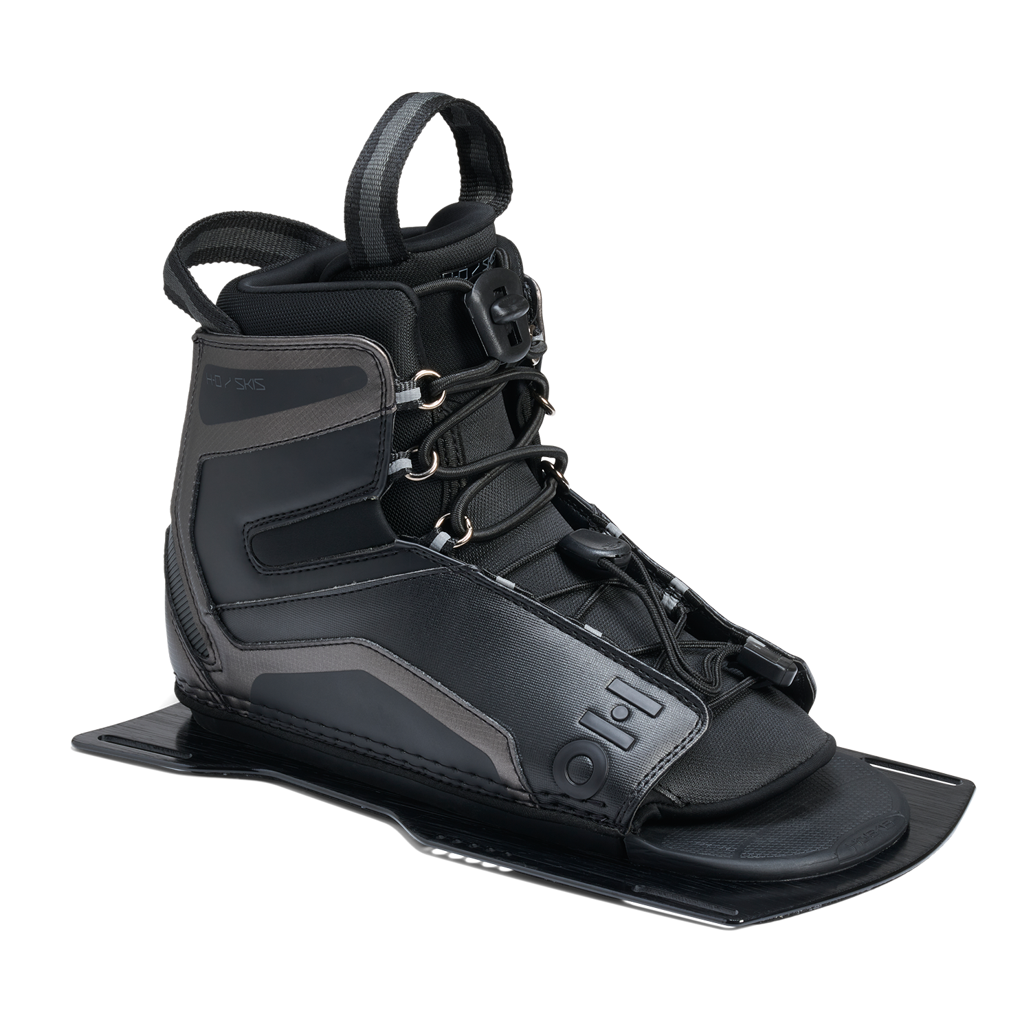 Angled view of Stance Aluminum Front Boot in black with lace system and reinforced side panels.