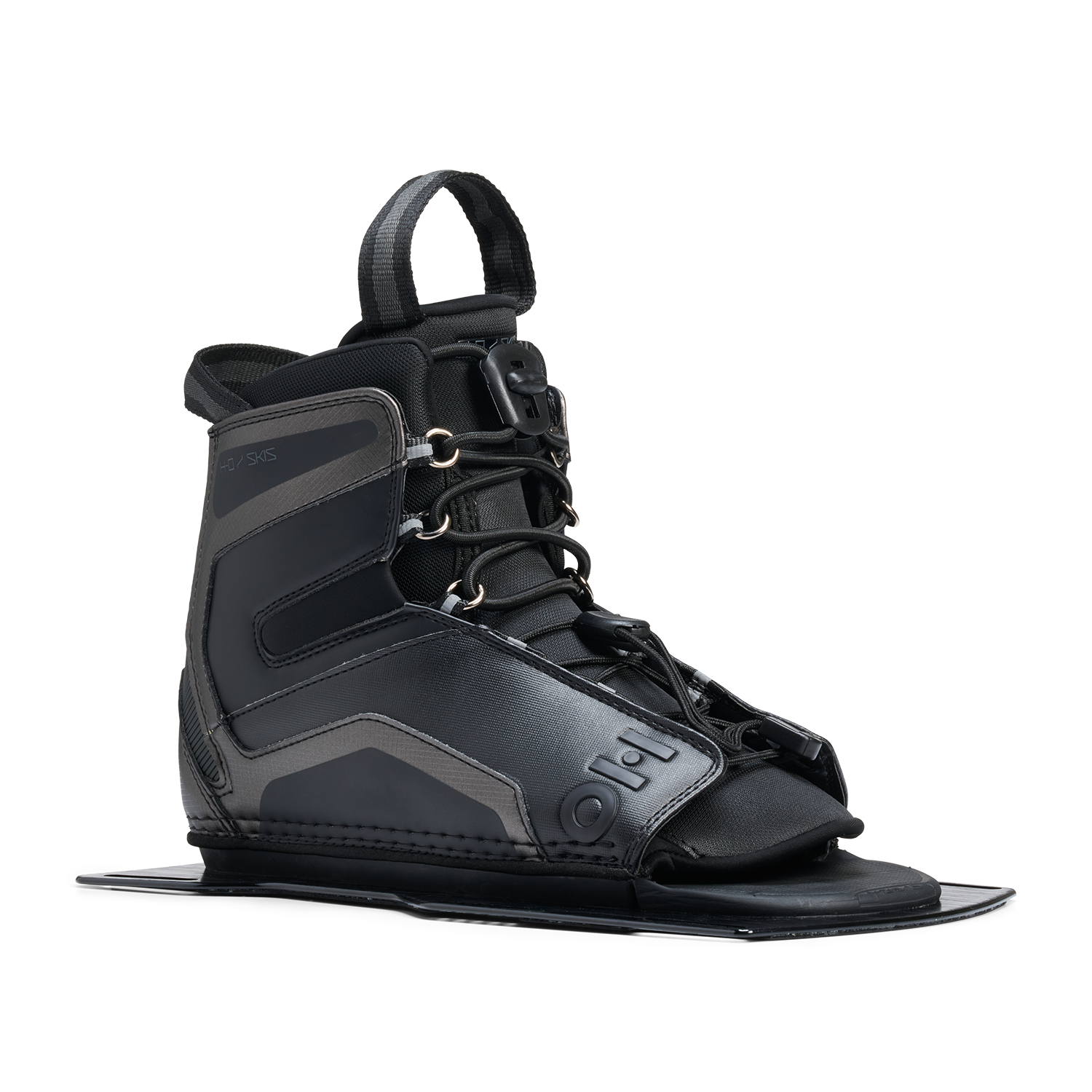 Angled view of Stance Aluminum Front Boot in black showing open toe and padded ankle support.