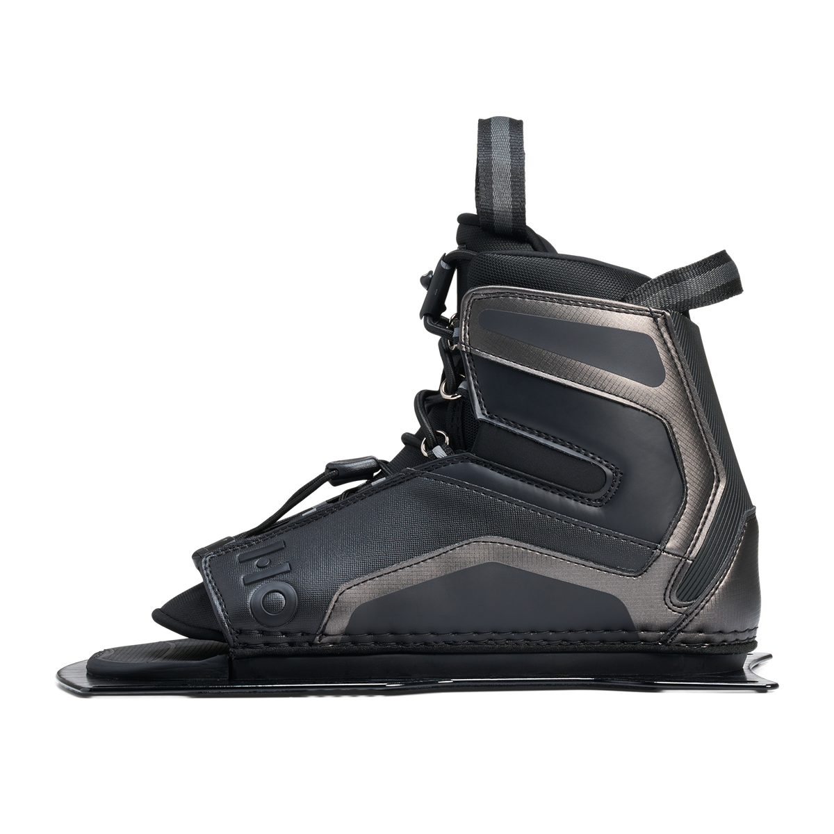 Opposite side view of Stance Aluminum Front Boot in black with logo detail and heel support.
