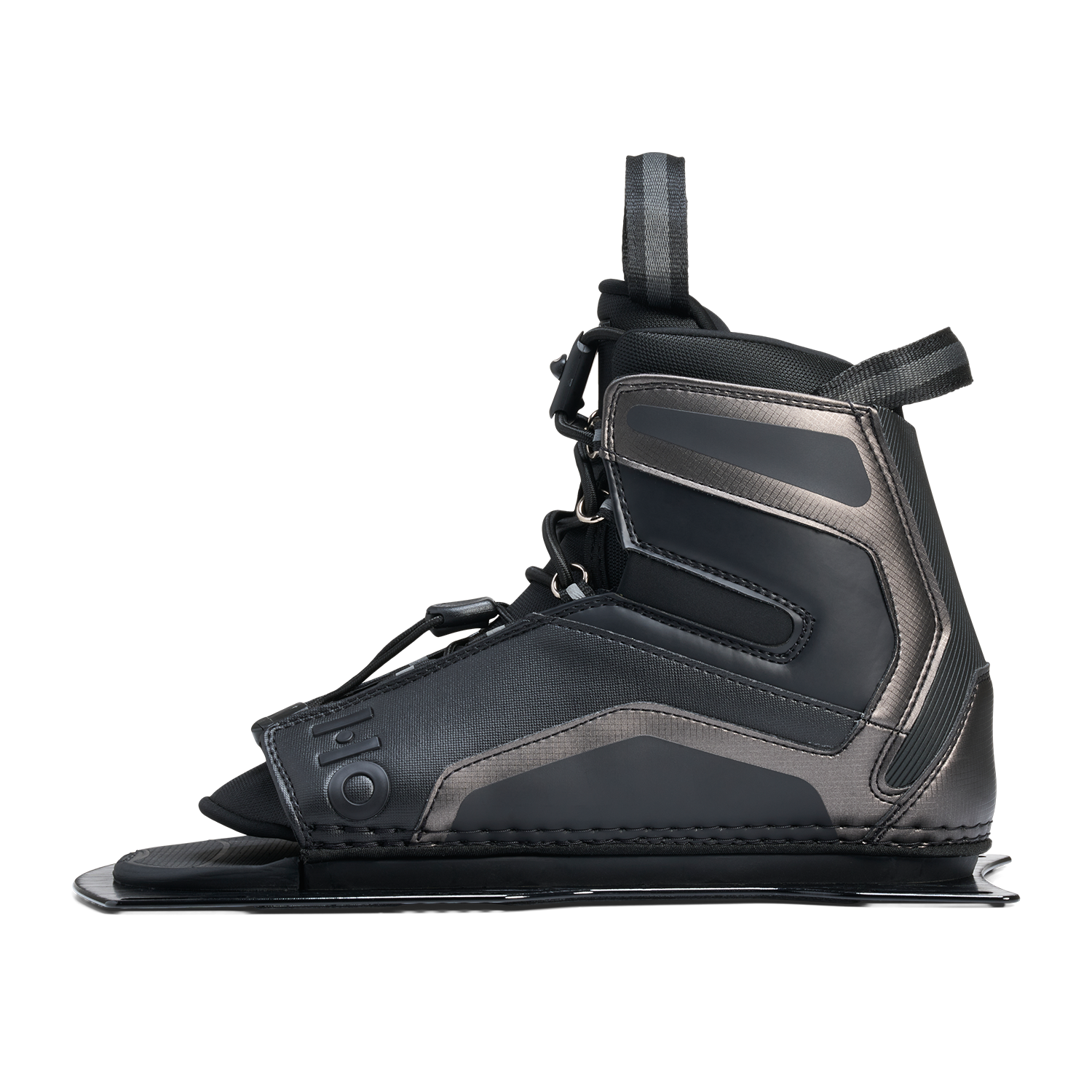 Opposite side view of Stance Aluminum Front Boot in black with logo detail and heel support.