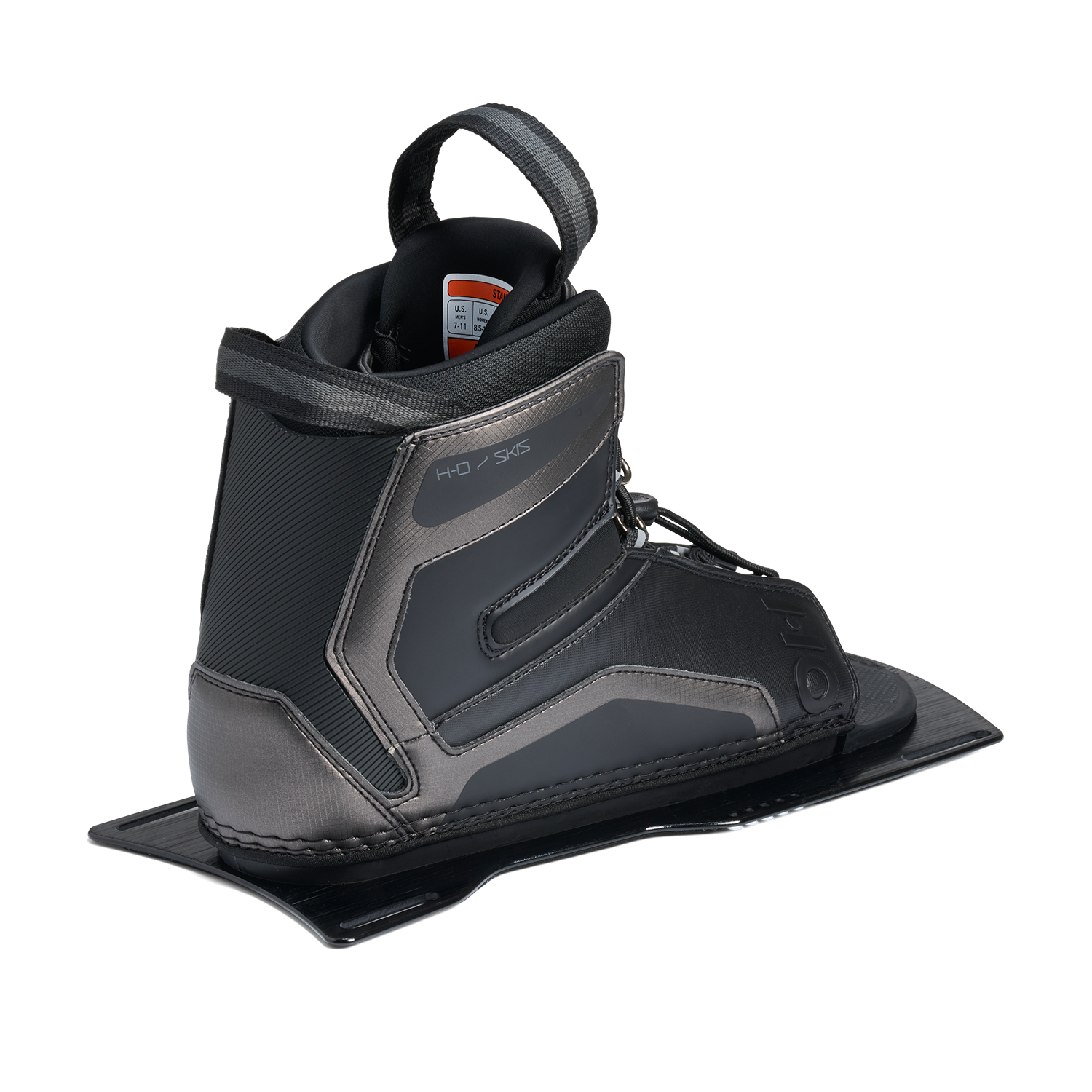 Rear angled view of Stance Aluminum Front Boot in black with pull loop and size label inside.