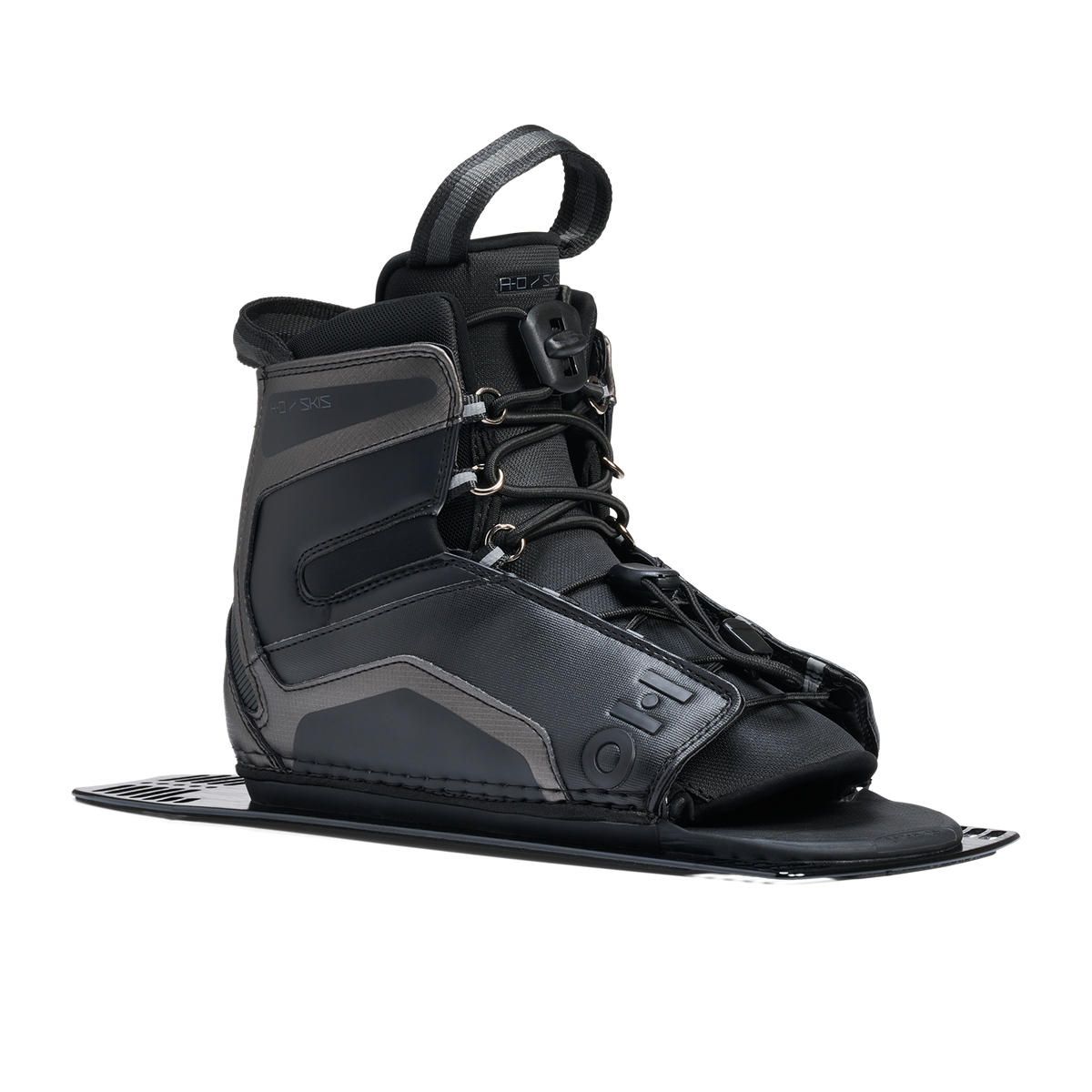 Angled view of Stance Aluminum Rear Boot in black showing open toe and side panel details.