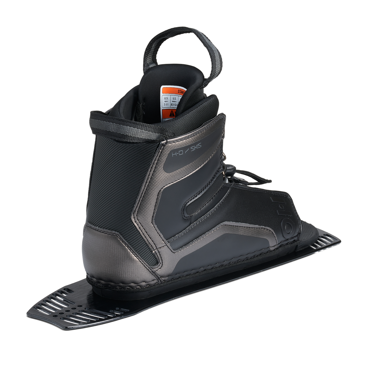 Rear angled view of Stance Aluminum Rear Boot in black with pull loop and size label inside.