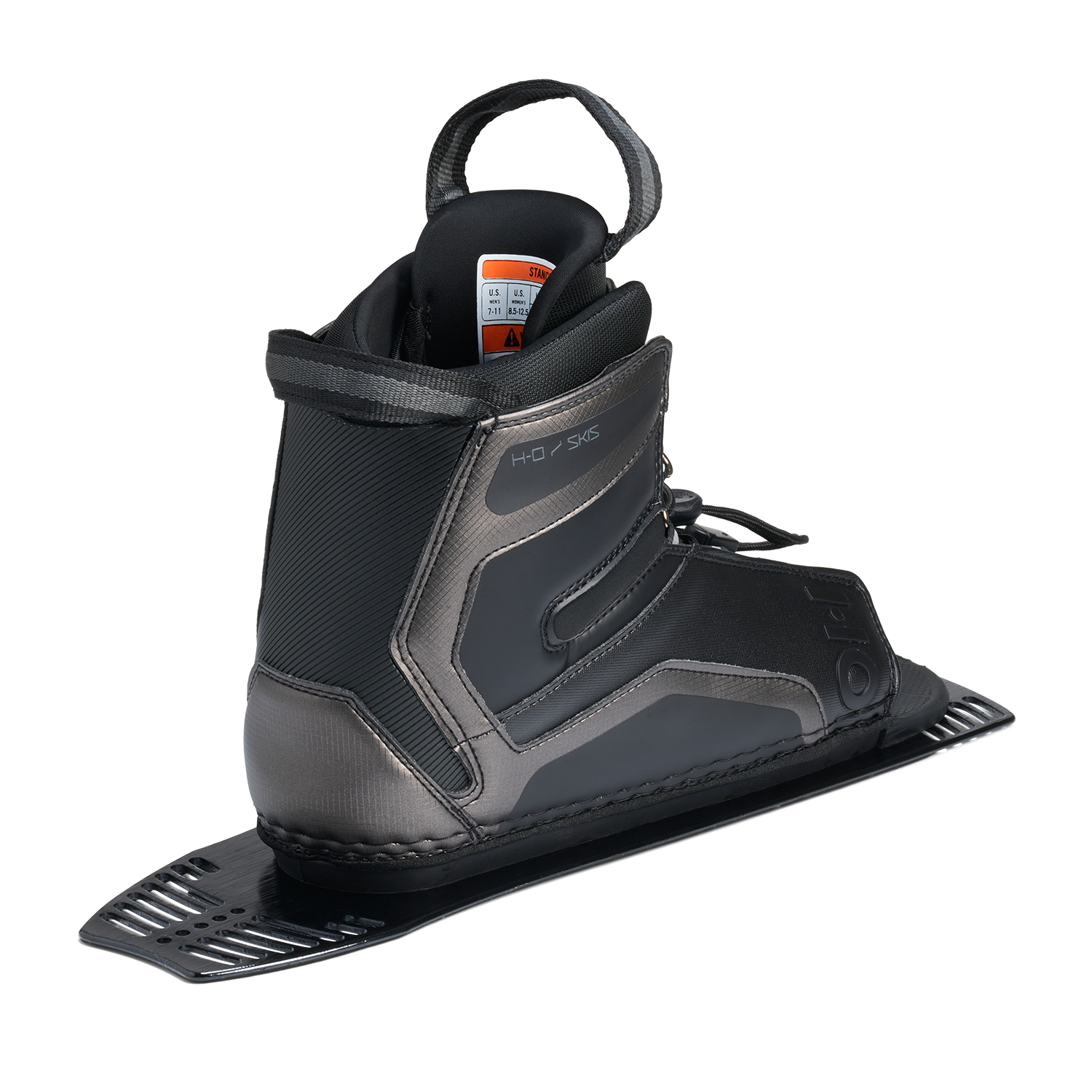 Rear angled view of Stance Aluminum Rear Boot in black with pull loop and size label inside.