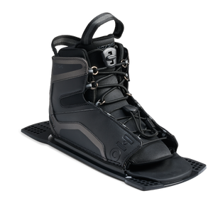 Angled front view of Stance UltraLite Rear Boot in black with lace closure on baseplate.