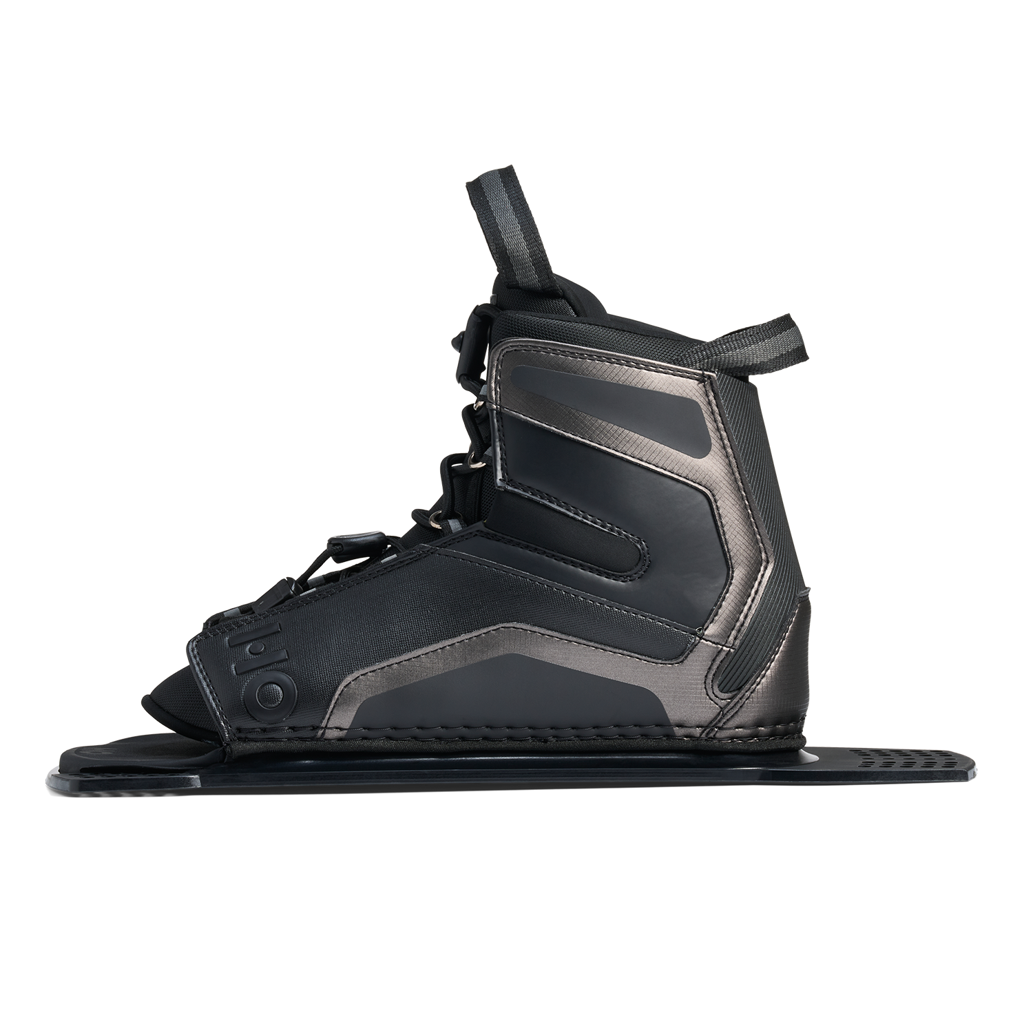 Left side view of Stance UltraLite Rear Boot in black with gray panel details on baseplate.