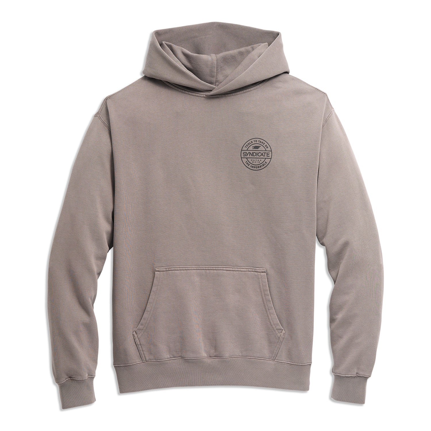 Front view of gray hoodie with kangaroo pocket and small circular Syndicate logo on chest.