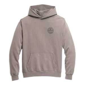 Front view of gray hoodie with kangaroo pocket and small circular Syndicate logo on chest.