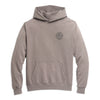 Front view of gray hoodie with kangaroo pocket and small circular Syndicate logo on chest.